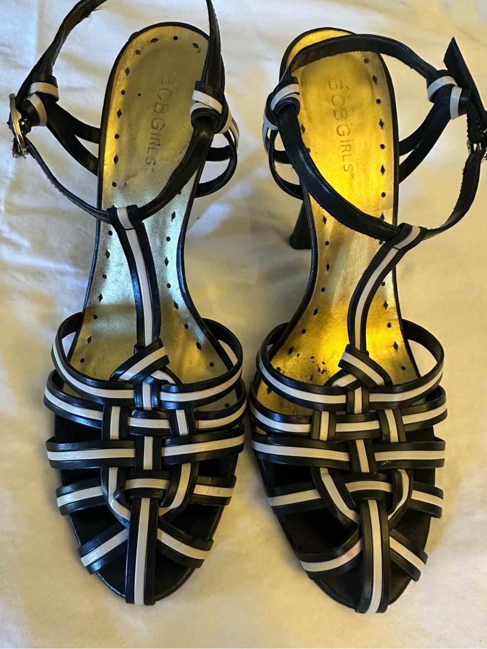 BCBGirls Black and White Strappy Slingback Heels